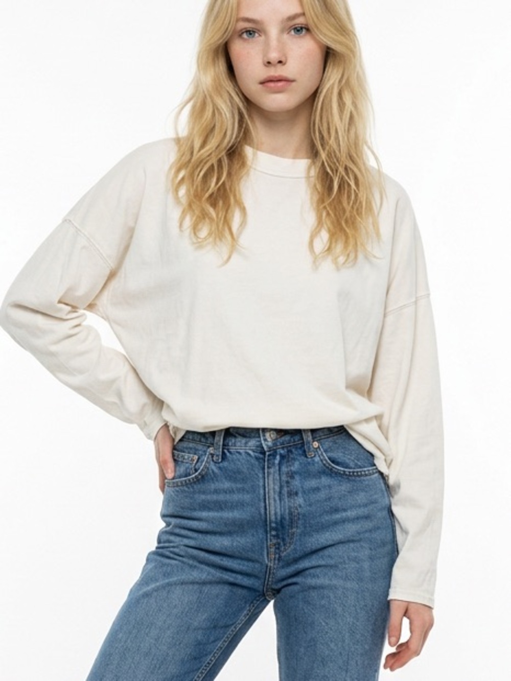 We The Free Long Sleeve boxy Crewneck Tee with side slits in white.